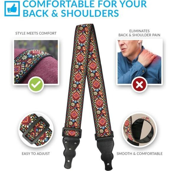 Guitar Strap Red Embroidered Adjustable with Strap Locks Picks Pick Pocket - Picture 2 of 7